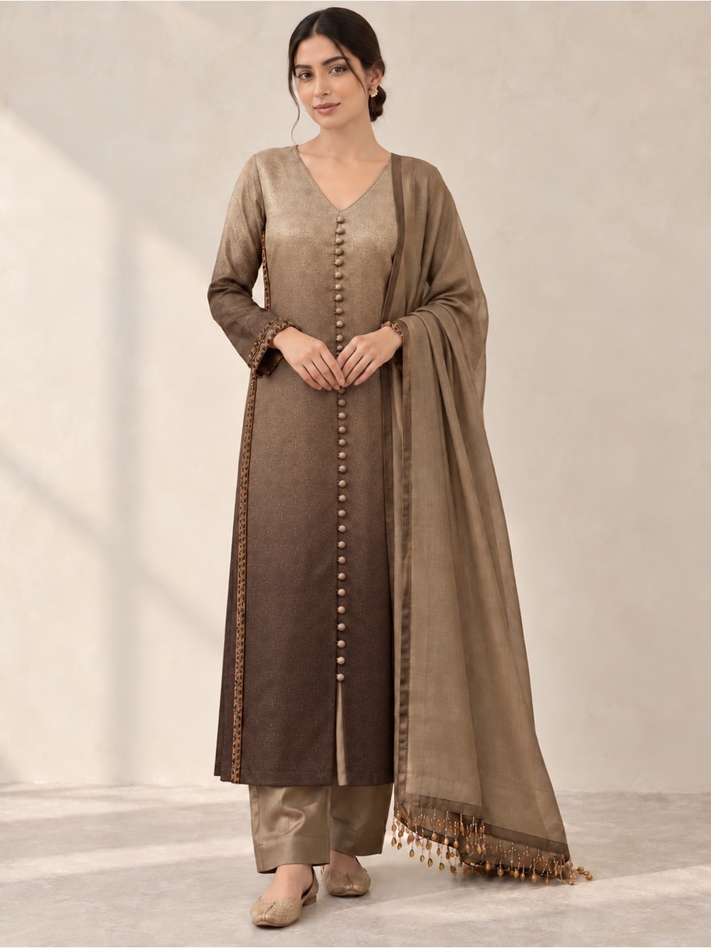 Elegant Taupe Ombre Straight Kurta Set with Dupatta